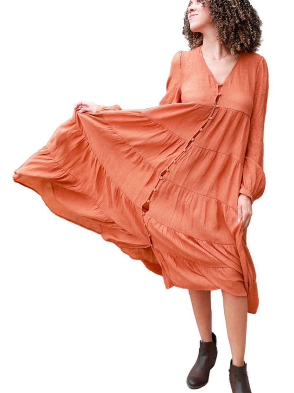 Boho Tiered Button-Front Midi Dress in Terra Cotta